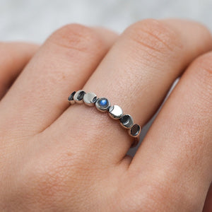 Sterling Silver Lunar Phases Rainbow Moonstone Ring