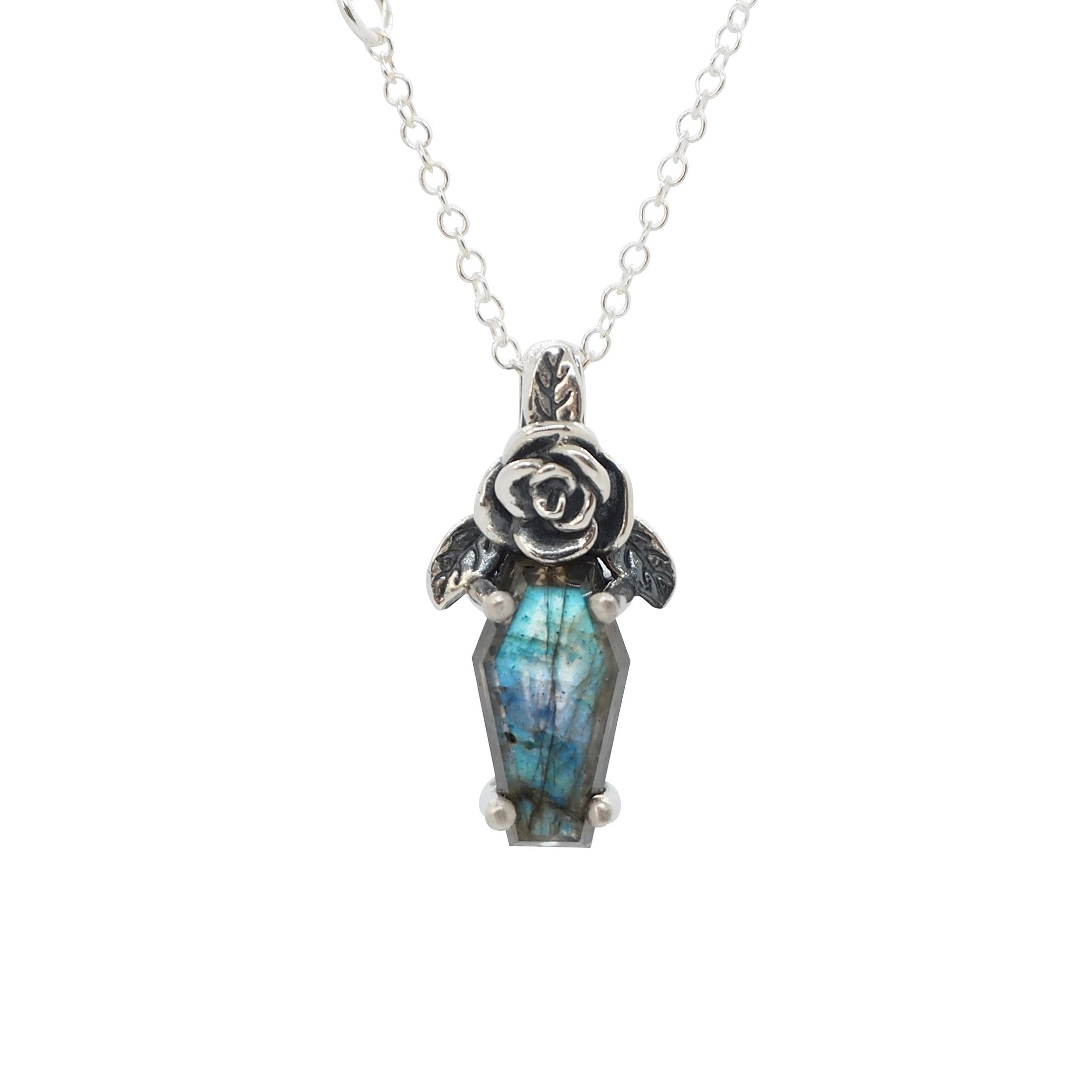 Sterling Silver Labradorite Buried Beneath The Roses Coffin Necklace