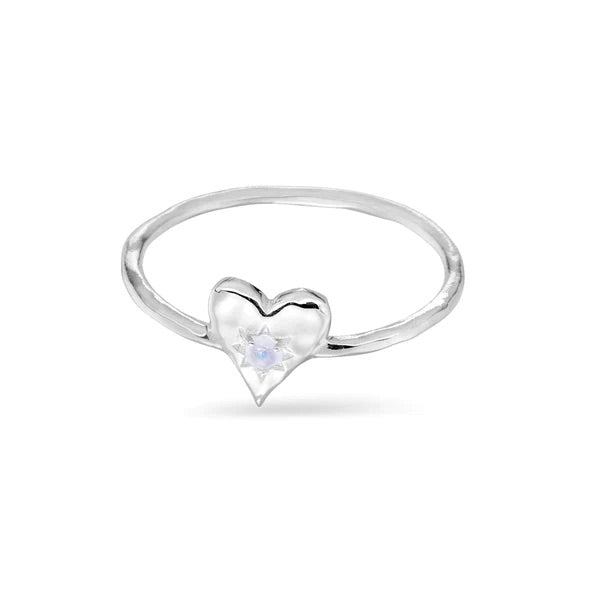 Sterling Silver Love Heart Rainbow Moonstone Ring
