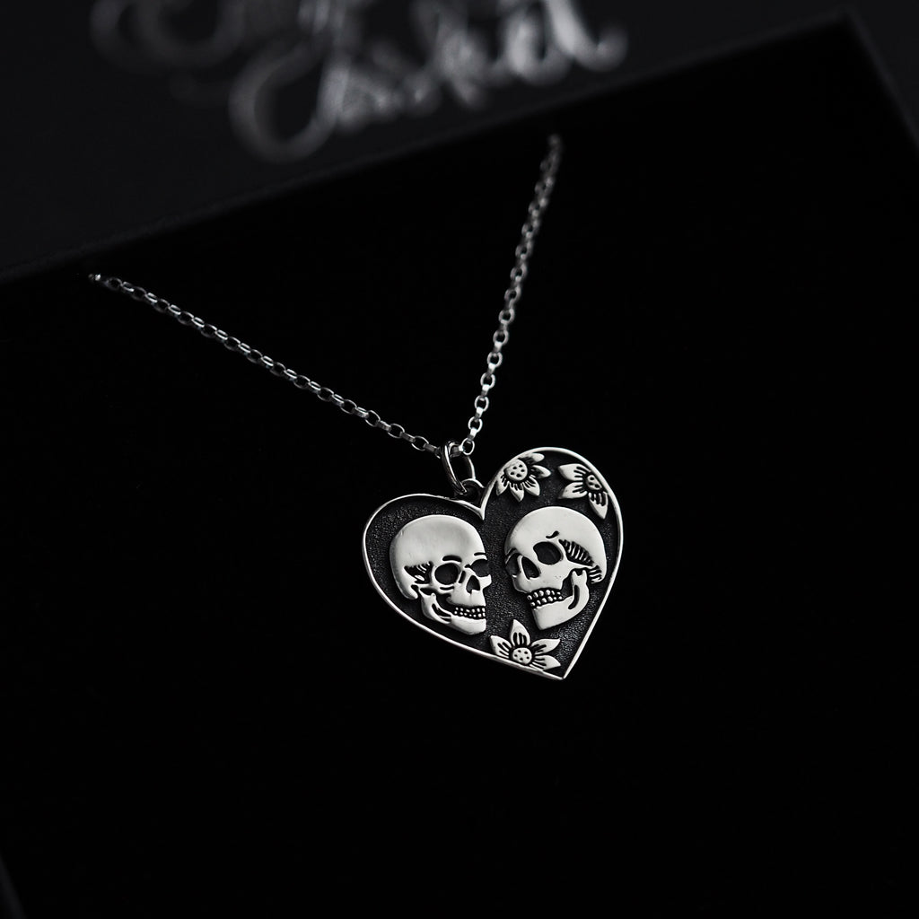 Sterling Silver Skull Lovers Heart Necklace