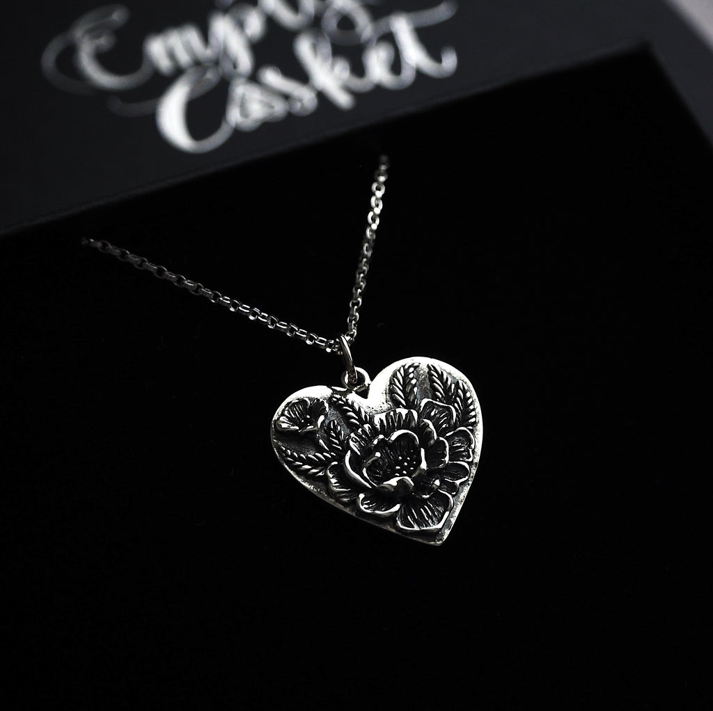 Sterling Silver Peony Heart Necklace