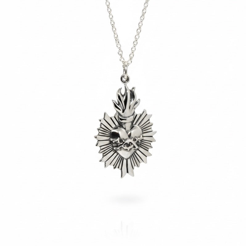 Sterling Silver Flaming Sacred Heart Necklace