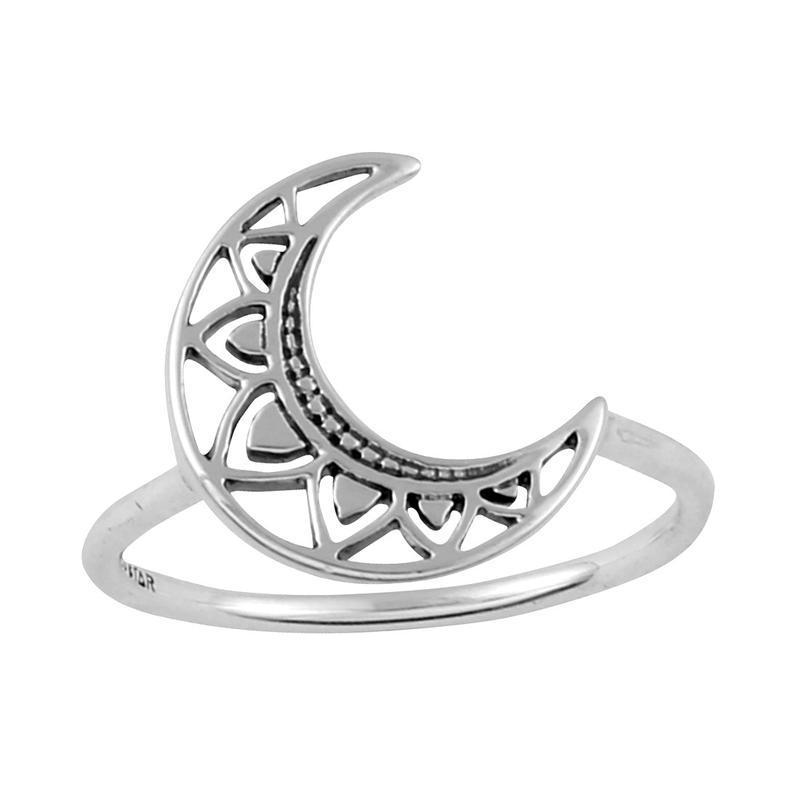 Sterling Silver Mandala Crescent Moon Ring