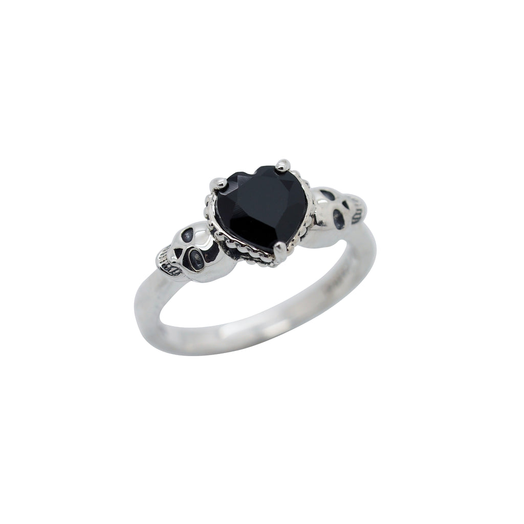 Sterling Silver Black Onyx Heart & Skulls Ring