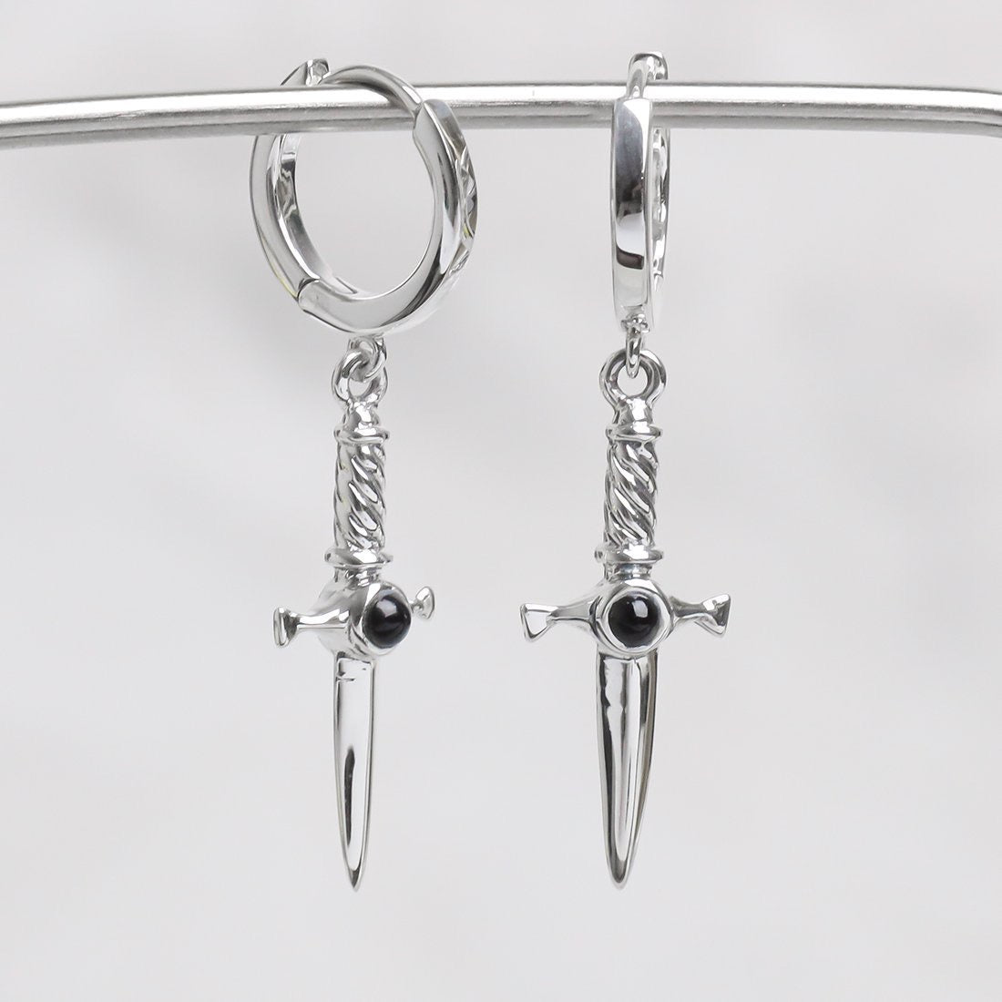 Sterling Silver Cosmic Dagger Onyx Huggies