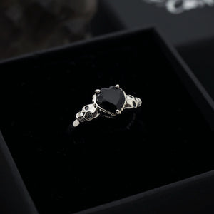 Sterling Silver Black Onyx Heart & Skulls Ring